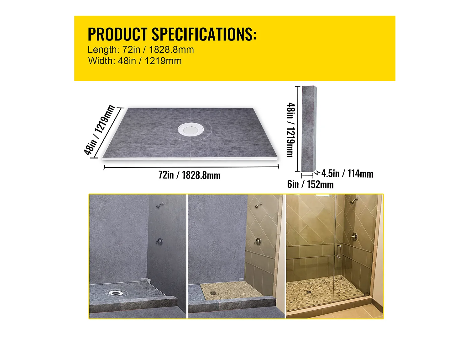 Kit de Receveur de Douche Étanche SucceBuy, 122 x183 cm, Plateau Drain Central ABS