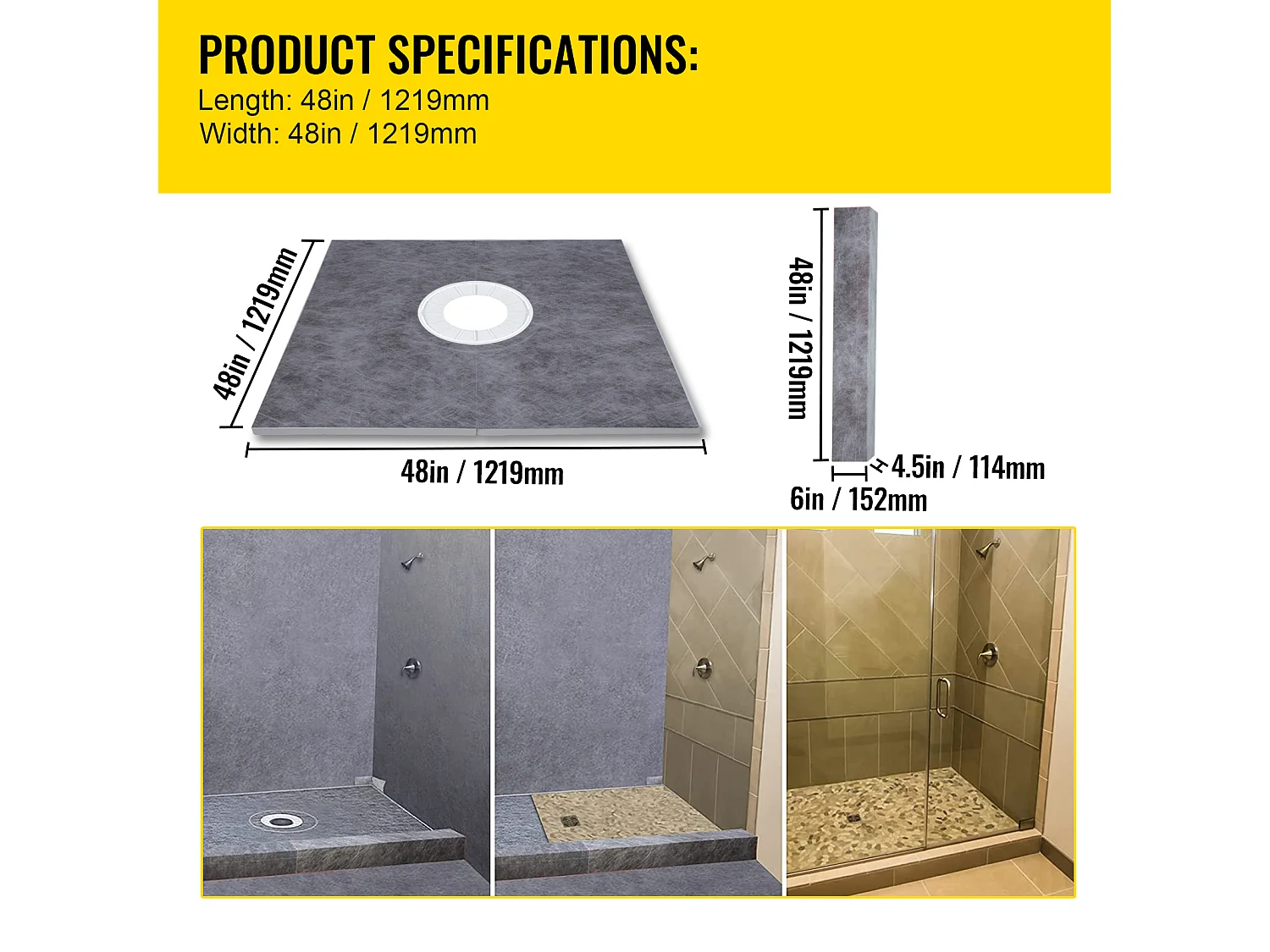 Kit de Borde de Ducha SucceBuy, 122 x 122 cm, Cubeta Impermeable con Desagüe Central de PVC