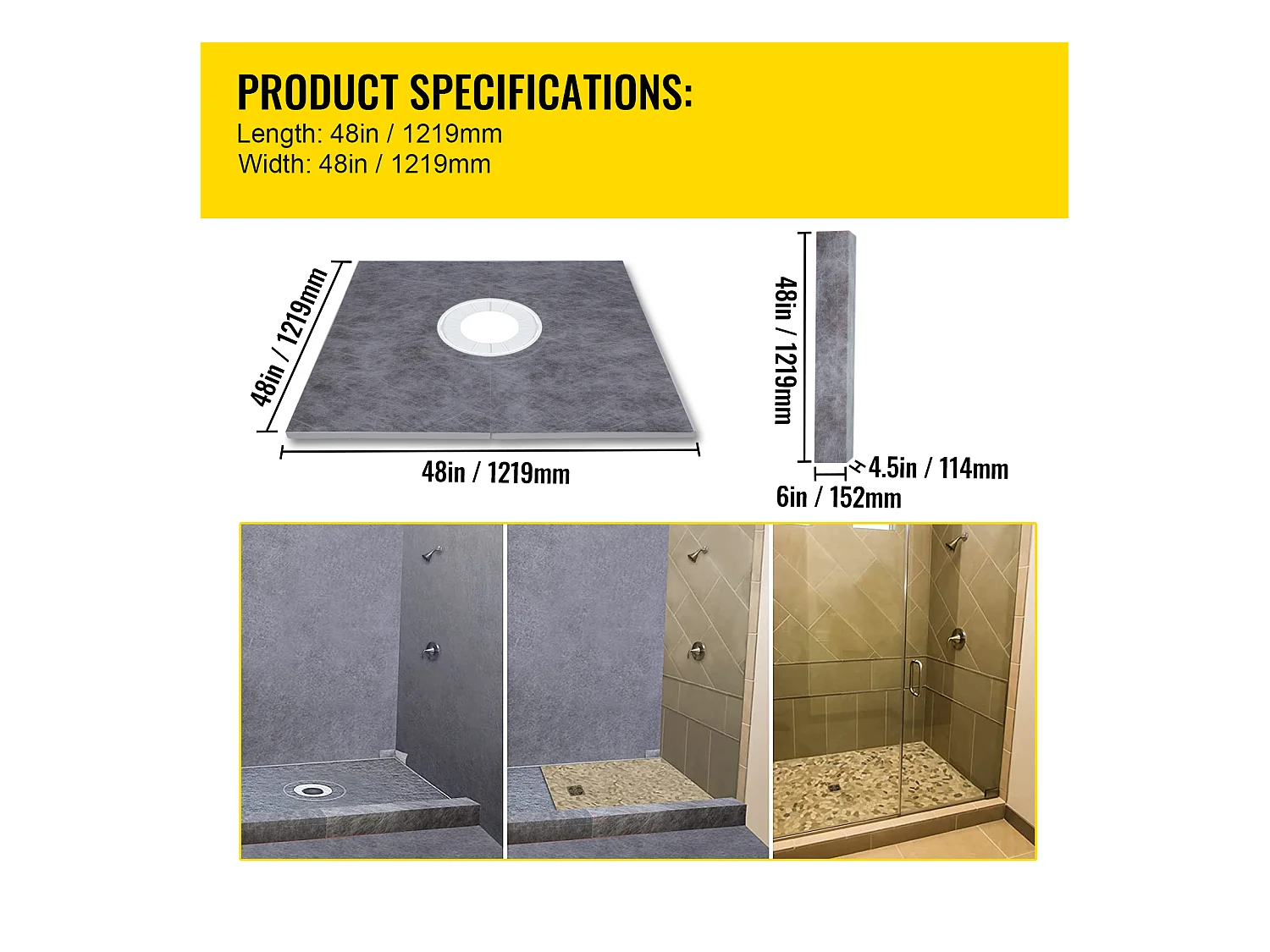 Kit de Receveur de Douche SucceBuy, 122 x 122 cm, avec Drain Central en ABS, Étanche