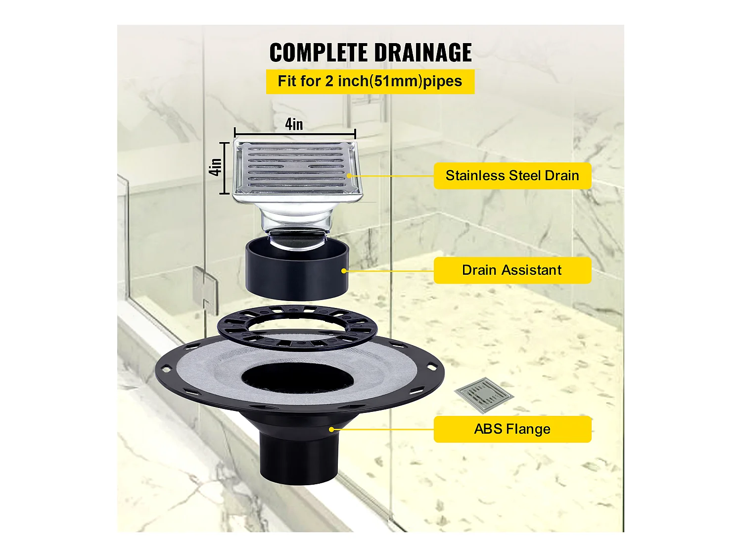 Kit de Receveur de Douche SucceBuy, 122 x 122 cm, avec Drain Central en ABS, Étanche