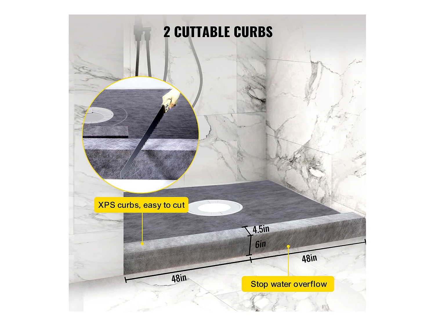 Kit de Receveur de Douche SucceBuy, 122 x 122 cm, avec Drain Central en ABS, Étanche