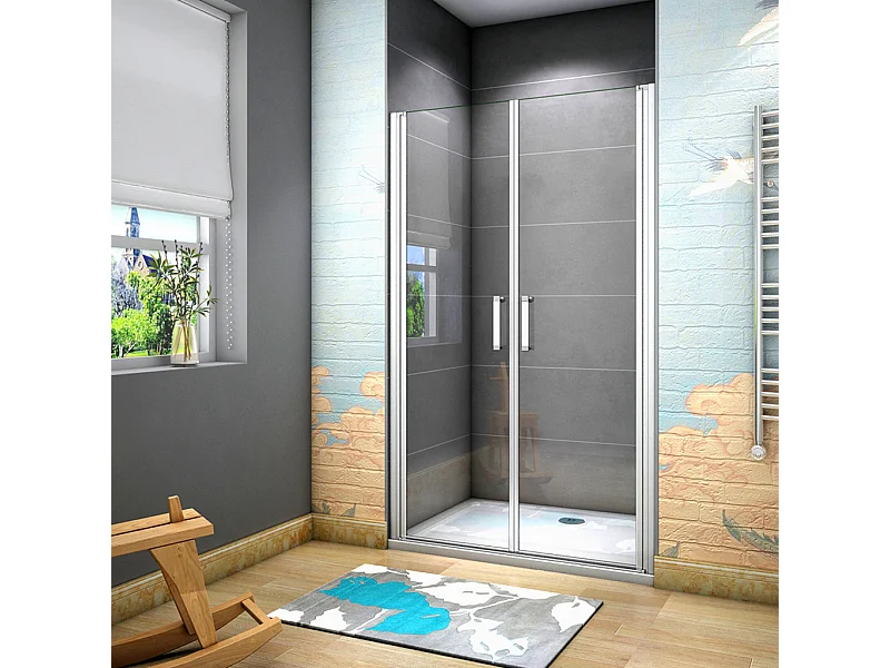 185 cm Box doccia per Nicchia Porta Battente 2 Ante Saloon Vetro Temperato 5 mm Trasparente Profilo in Alluminio Argento Opaco 95 cm