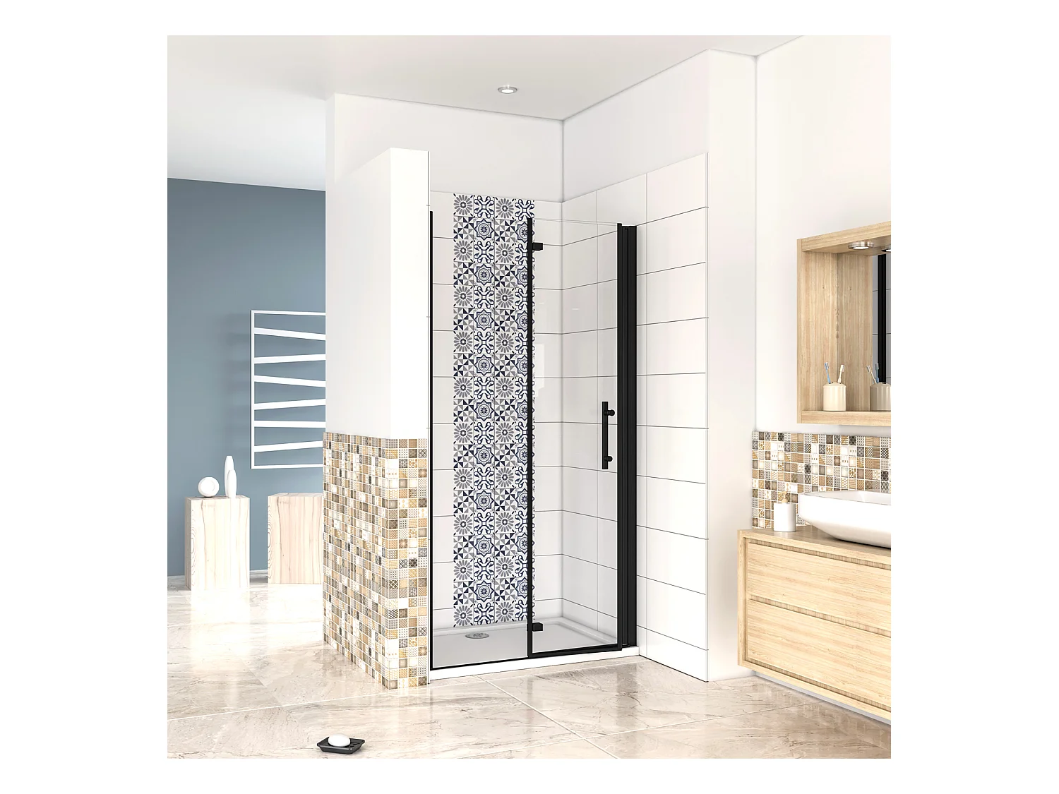 90x190cm Porta Doccia per Nicchia Apertura Battente Pieghevole in Vetro Temperato Trasparente 5 mm Anticalcare Telaio Nero Opaco