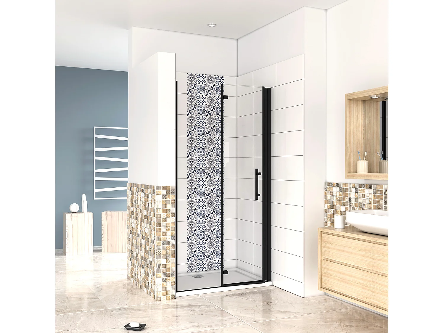 90x190cm Porta Doccia per Nicchia Apertura Battente Pieghevole in Vetro Temperato Trasparente 5 mm Anticalcare Telaio Nero Opaco