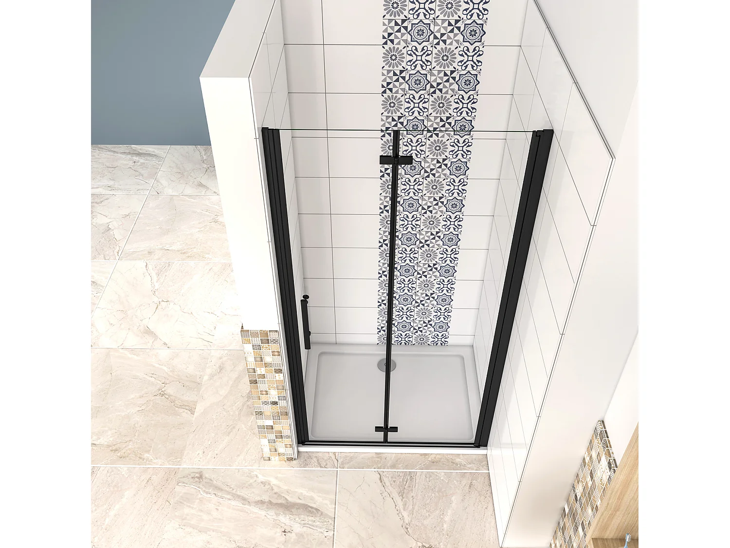 90x190cm Porta Doccia per Nicchia Apertura Battente Pieghevole in Vetro Temperato Trasparente 5 mm Anticalcare Telaio Nero Opaco