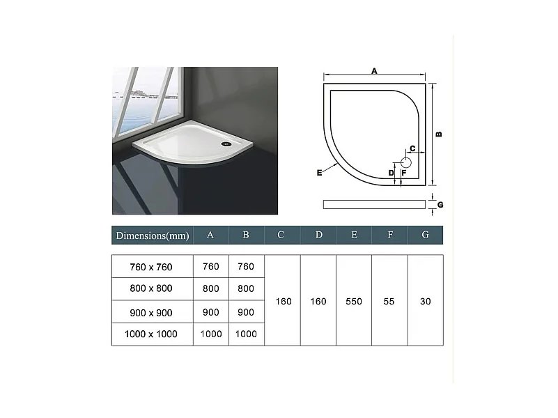Piatto Doccia Semicircolare 80x80cm in Pietra Artificiale Ultra Sottile 3 cm Bianco Lucido Antiscivolo Antibatterico Piletta e Tubo inclusi