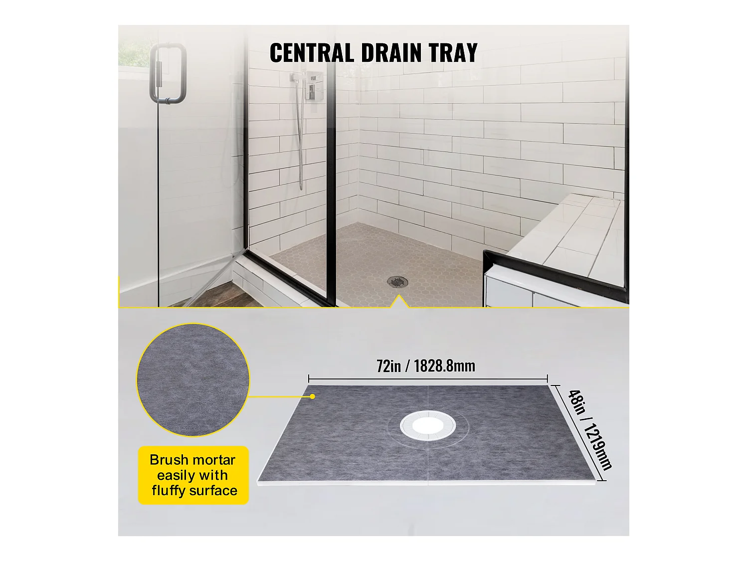 Receveur de Douche Étanche SucceBuy, 122 x 183 cm, avec Drain Central et Bride en PVC