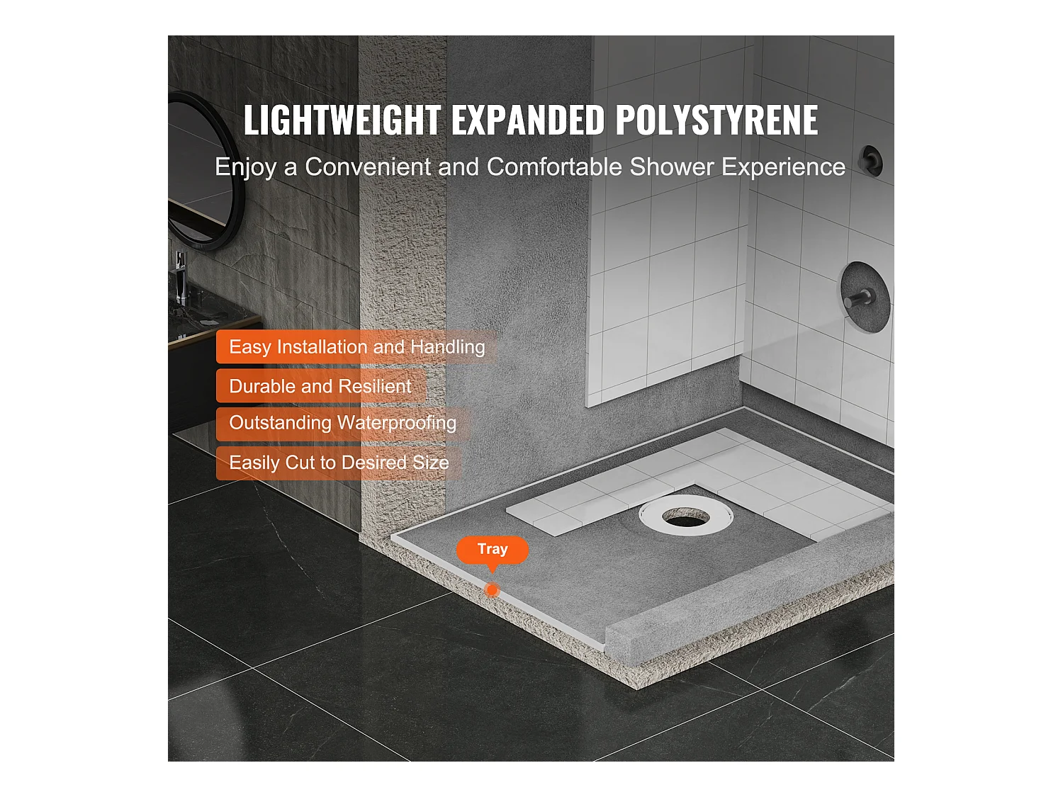 Kit  de Receveur de Douche Étanche SucceBuy, 122 x 183 cm, avec Drain Central, pour l'Installation dans la Salle de Bain