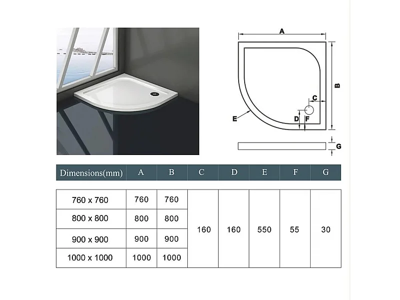 Piatto Doccia Semicircolare 90x90cm in Pietra Artificiale Ultra Sottile 3 cm Bianco Lucido Antiscivolo Antibatterico Piletta e Tubo inclusi