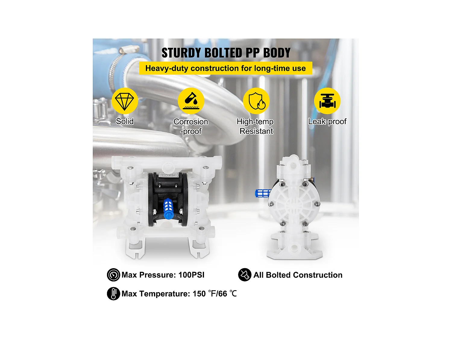Pompe SucceBuy à Air à Double Membrane, 7 GPM, Entrée et Sortie 2.54/5.08cm, à Commande Pneumatique avec Vanne à Boisseau Sphérique Scellée