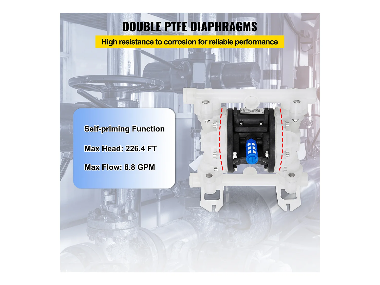 Pompe SucceBuy à Air à Double Membrane, 7 GPM, Entrée et Sortie 2.54/5.08cm, à Commande Pneumatique avec Vanne à Boisseau Sphérique Scellée