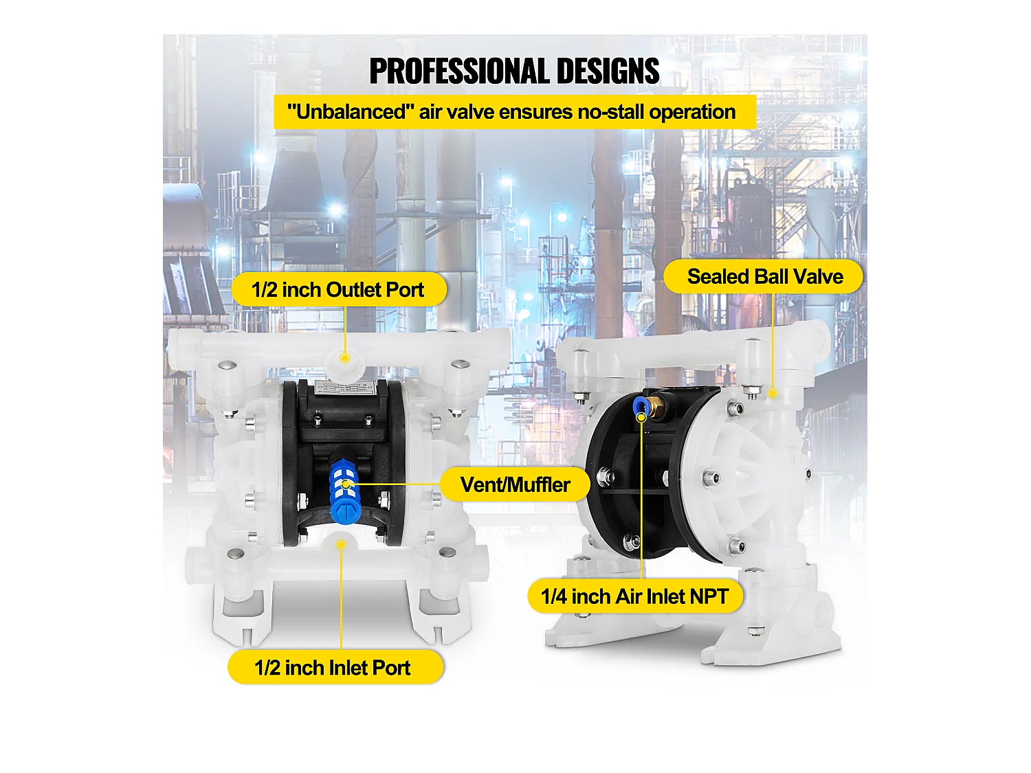 Pompe SucceBuy à Air à Double Membrane, 7 GPM, Entrée et Sortie 2.54/5.08cm, à Commande Pneumatique avec Vanne à Boisseau Sphérique Scellée