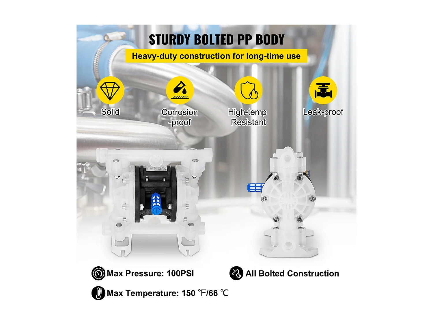 Pompe SucceBuy à Air à Double Membrane, 7 GPM, Entrée et Sortie 2.54/5.08cm, à Commande Pneumatique avec Vanne à Boisseau Sphérique Scellée