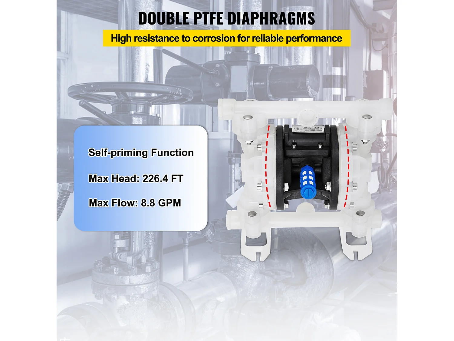 Pompe SucceBuy à Air à Double Membrane, 7 GPM, Entrée et Sortie 2.54/5.08cm, à Commande Pneumatique avec Vanne à Boisseau Sphérique Scellée