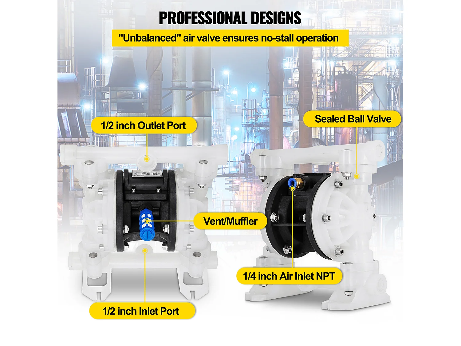Pompe SucceBuy à Air à Double Membrane, 7 GPM, Entrée et Sortie 2.54/5.08cm, à Commande Pneumatique avec Vanne à Boisseau Sphérique Scellée