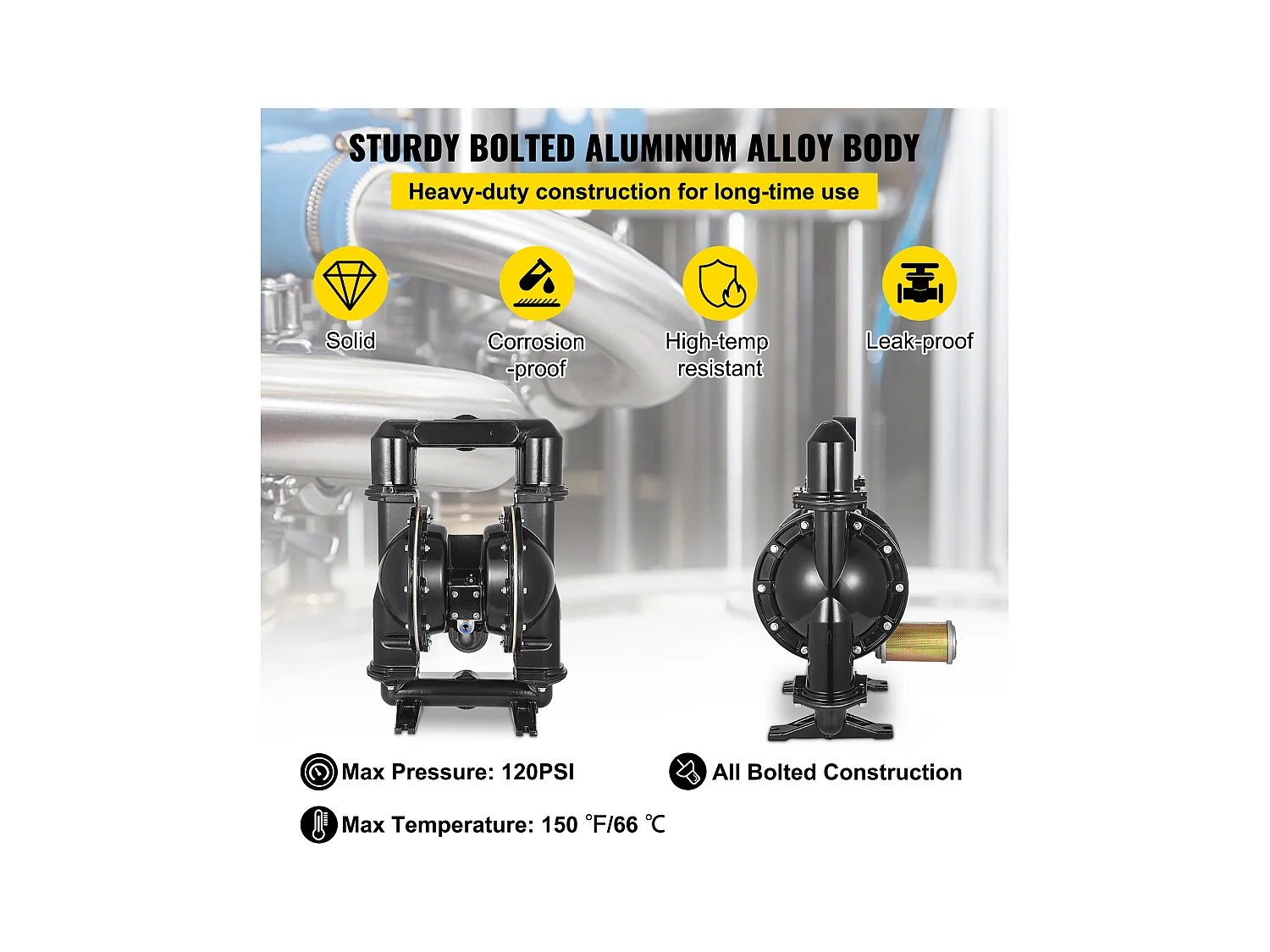 Pompe SucceBuy à Double Membrane Pneumatique 75 GPM, Entrée et Sortie 5.08cm, Pompe de Transfert à Membrane en Nitrile pour Pétrole, Diesel, Huile