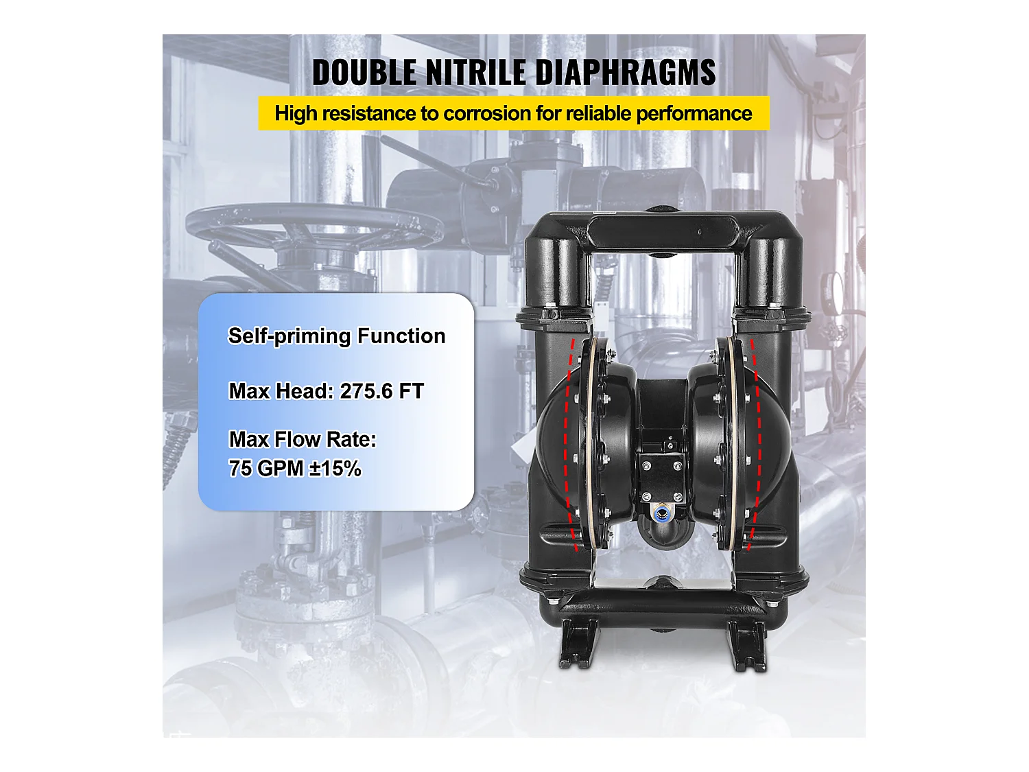 Pompe SucceBuy à Double Membrane Pneumatique 75 GPM, Entrée et Sortie 5.08cm, Pompe de Transfert à Membrane en Nitrile pour Pétrole, Diesel, Huile