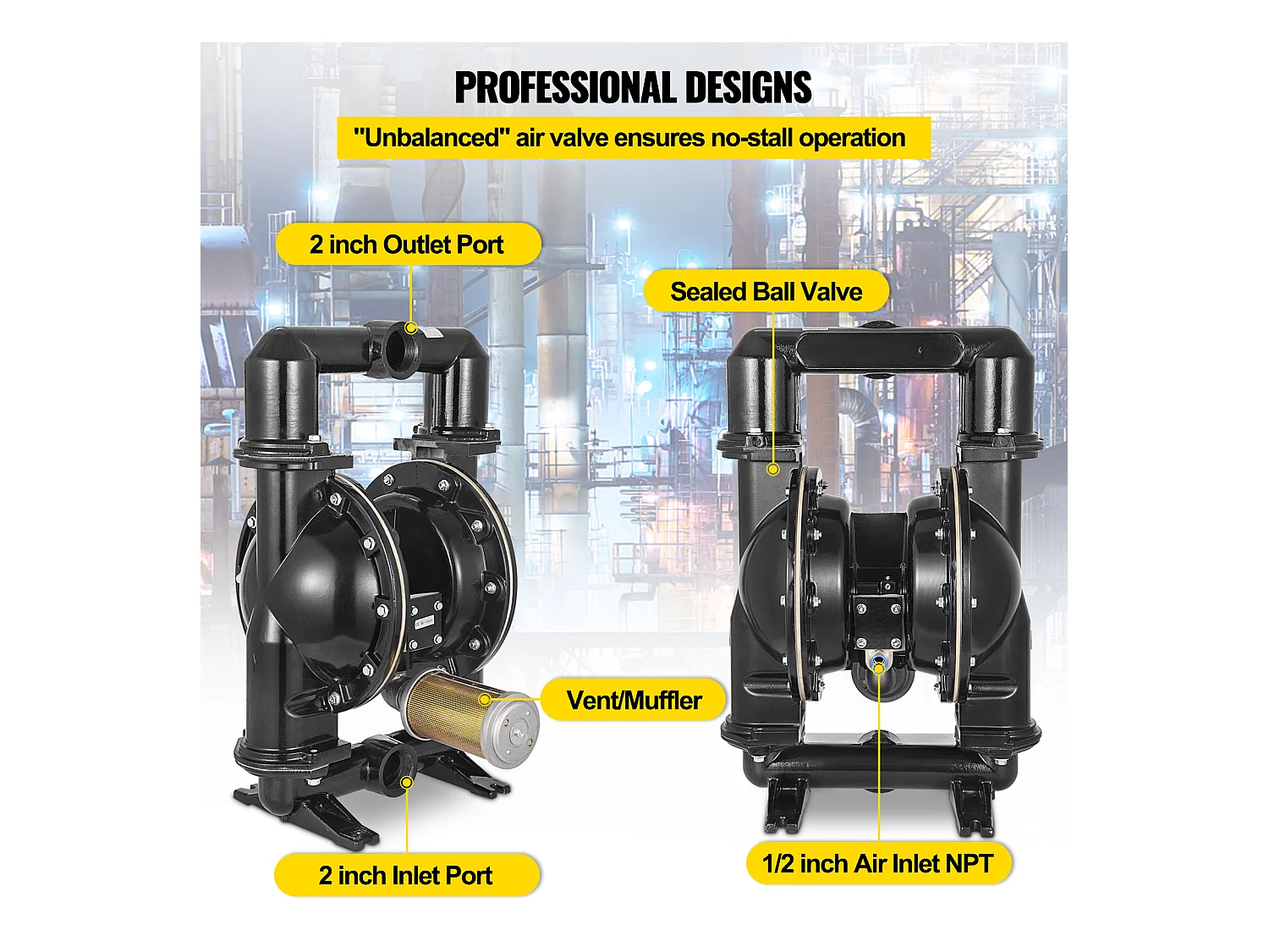 Pompe SucceBuy à Double Membrane Pneumatique 75 GPM, Entrée et Sortie 5.08cm, Pompe de Transfert à Membrane en Nitrile pour Pétrole, Diesel, Huile