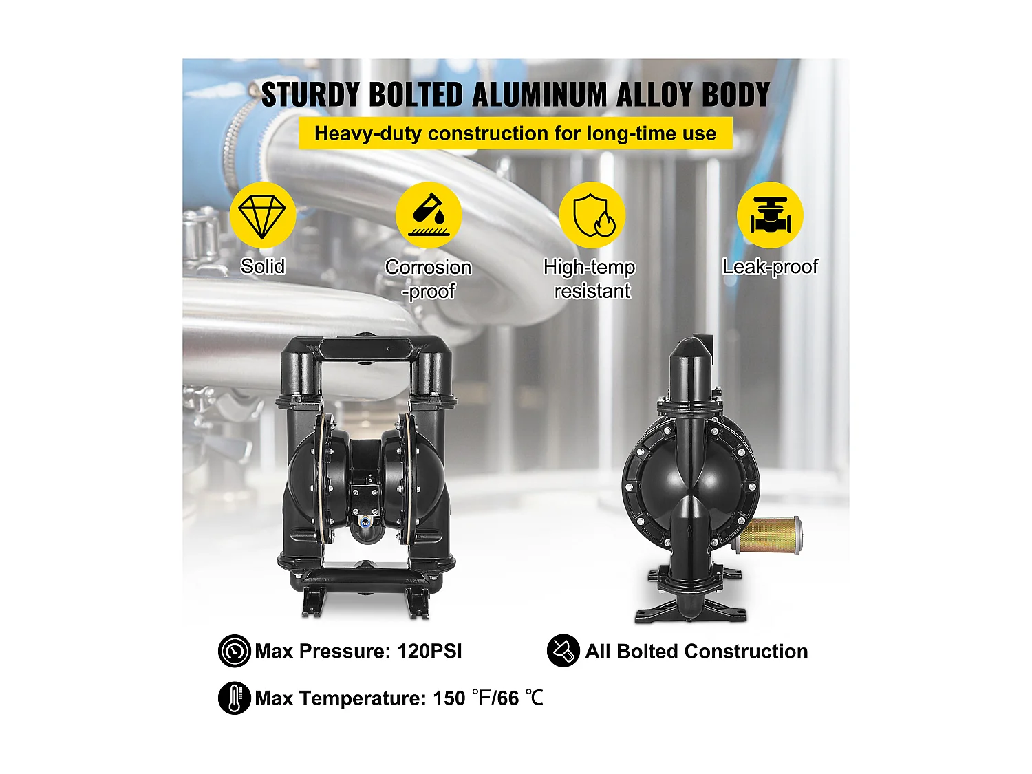 Pompe SucceBuy à Double Membrane Pneumatique 75 GPM, Entrée et Sortie 5.08cm, Pompe de Transfert à Membrane en Nitrile pour Pétrole, Diesel, Huile