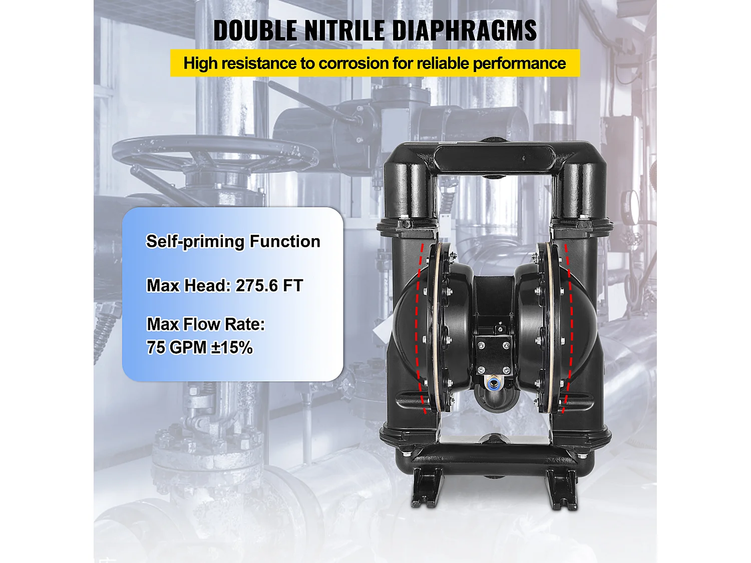 Pompe SucceBuy à Double Membrane Pneumatique 75 GPM, Entrée et Sortie 5.08cm, Pompe de Transfert à Membrane en Nitrile pour Pétrole, Diesel, Huile