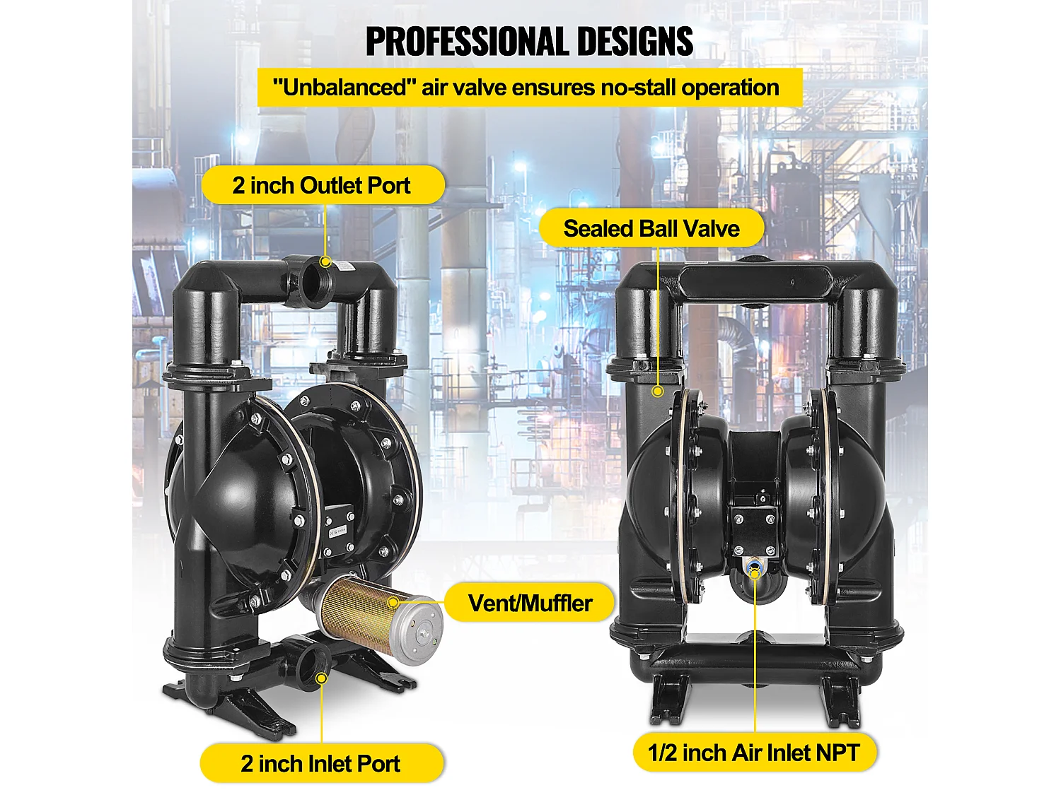 Pompe SucceBuy à Double Membrane Pneumatique 75 GPM, Entrée et Sortie 5.08cm, Pompe de Transfert à Membrane en Nitrile pour Pétrole, Diesel, Huile