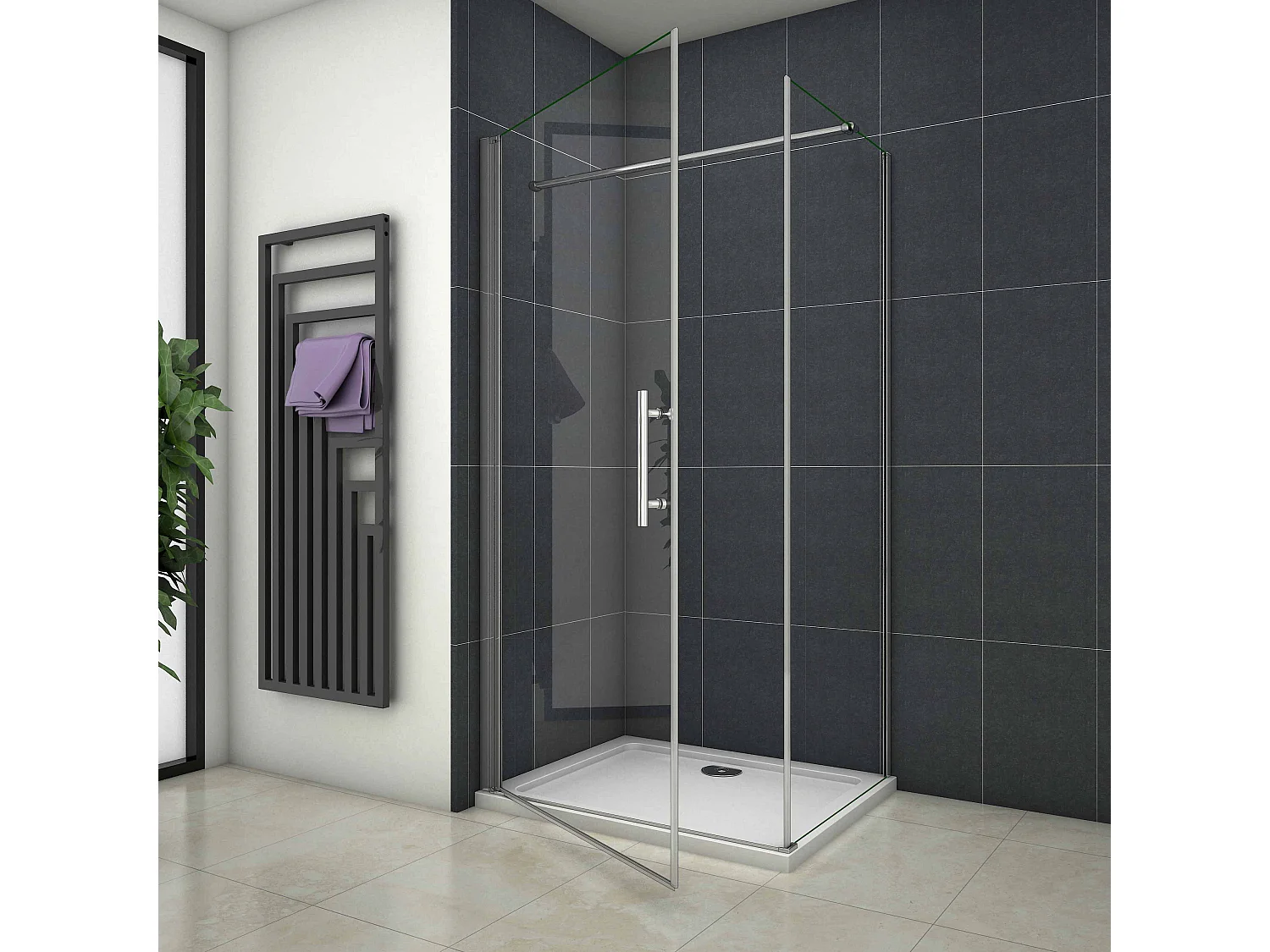 Douchecabine 90x70x195 cm,draaideur+zijwand , 6mm NANO EasyClean veiligheidsglas,chroom,90cm Stabilisatiestang