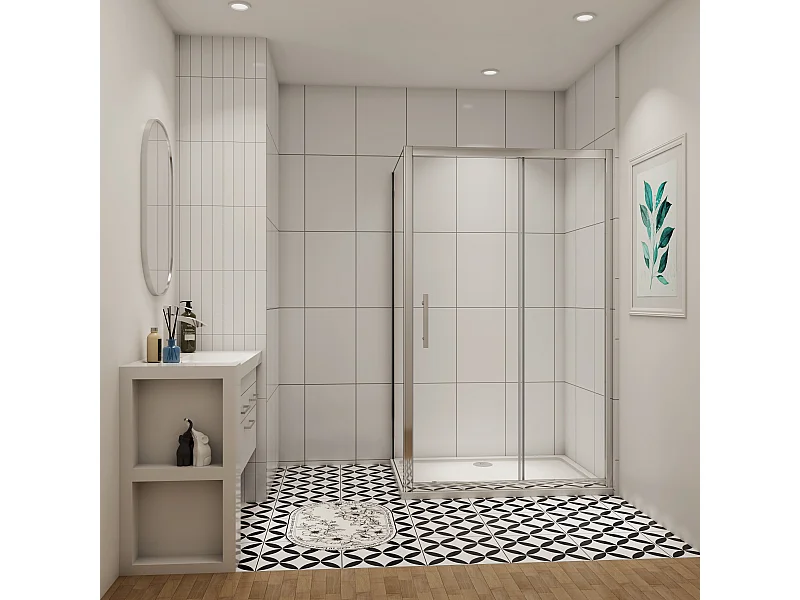 Douchecabine schuifdeur 140x90x195cm+zijpaneel (8mm transparant gehard glas), antikalk, glanzend chromen profiel.