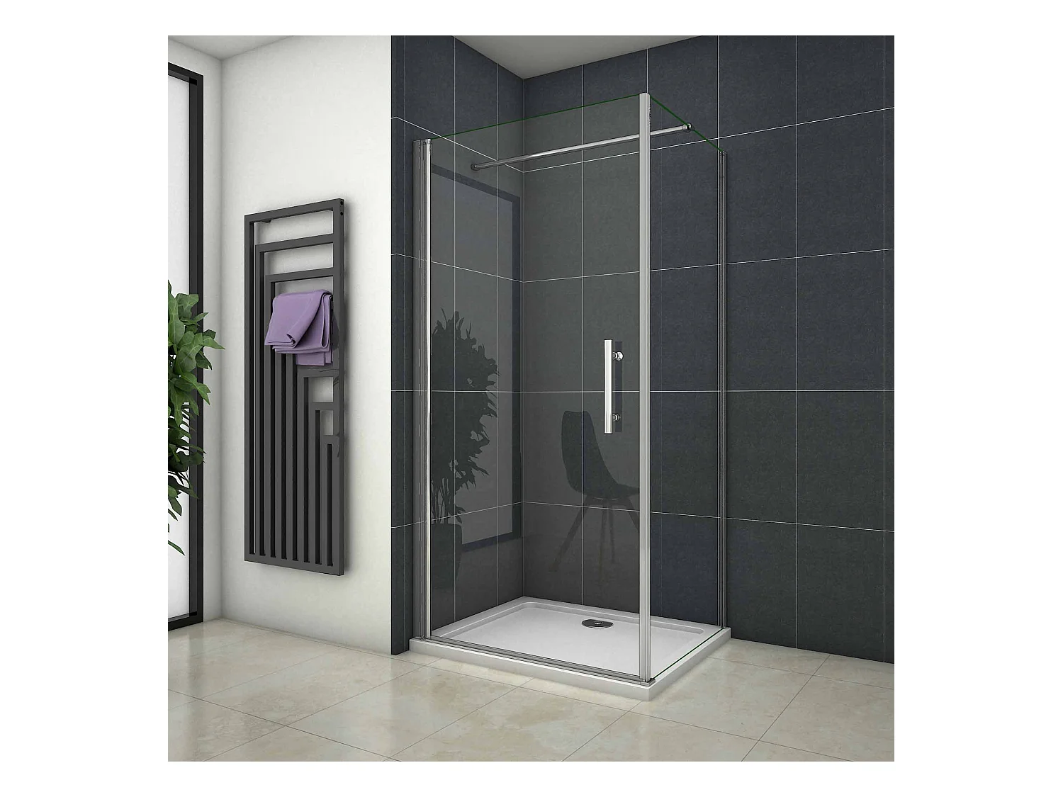 Douchecabine 100x90x185 cm,draaideur+zijwand , 6mm NANO EasyClean veiligheidsglas,chroom,140cm Stabilisatiestang