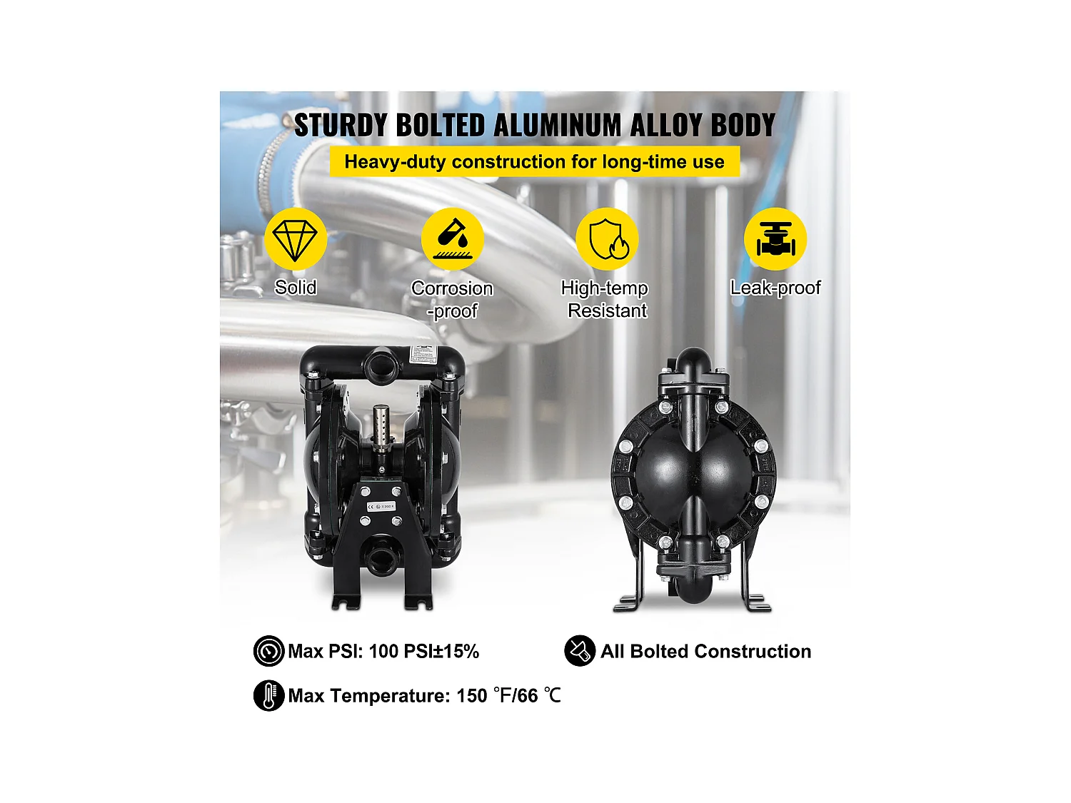 Pompe SucceBuy à Double Membrane Pneumatique, Entrée et Sortie de 1 Pouce, Aluminium, 35 GPM, Max. 120 PSI, QBY4-25LF46 pour Usage Industriel
