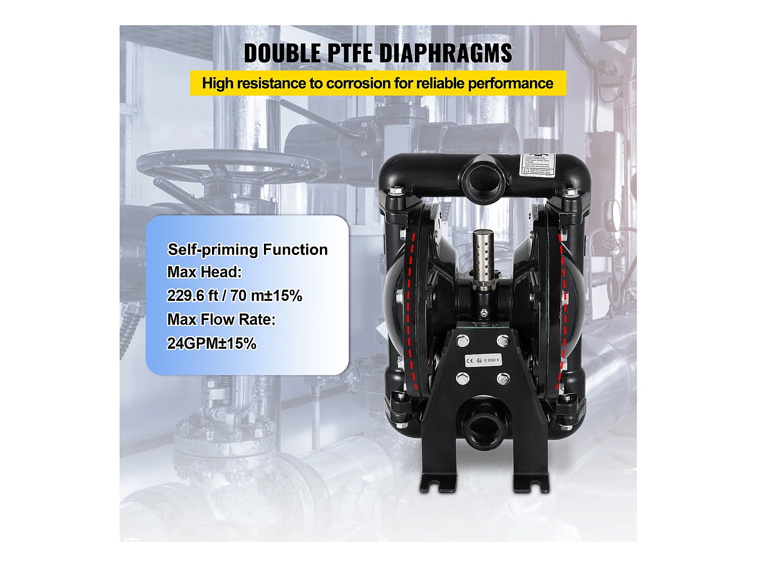 Pompe SucceBuy à Double Membrane Pneumatique, Entrée et Sortie de 1 Pouce, Aluminium, 35 GPM, Max. 120 PSI, QBY4-25LF46 pour Usage Industriel