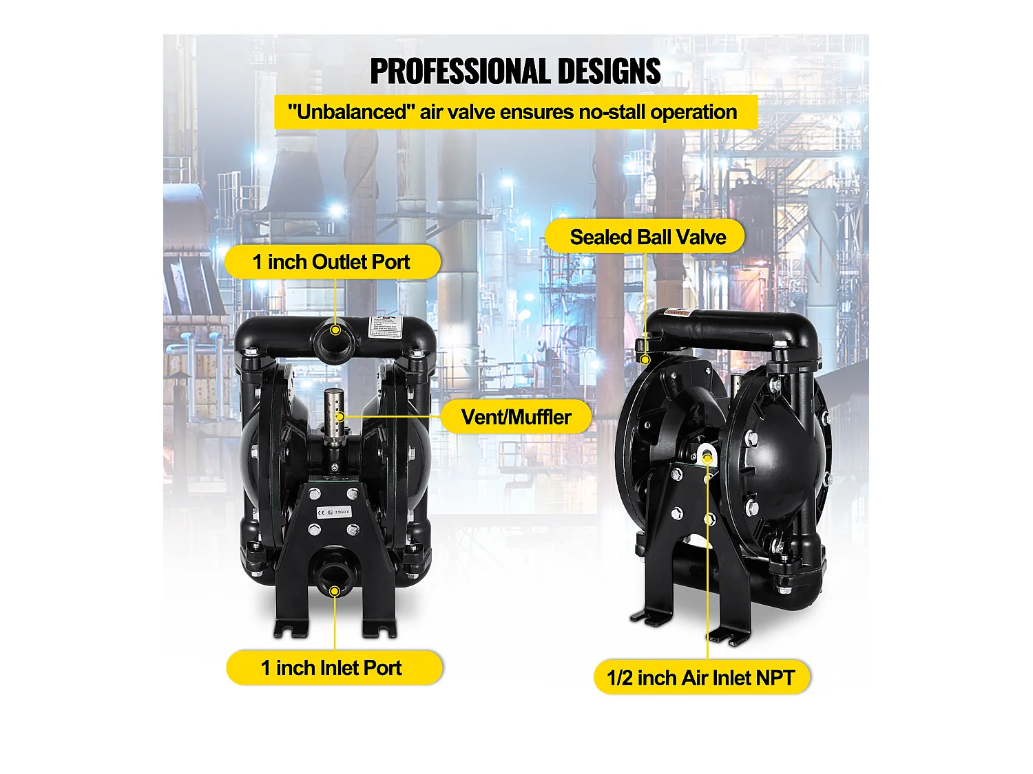 Pompe SucceBuy à Double Membrane Pneumatique, Entrée et Sortie de 1 Pouce, Aluminium, 35 GPM, Max. 120 PSI, QBY4-25LF46 pour Usage Industriel