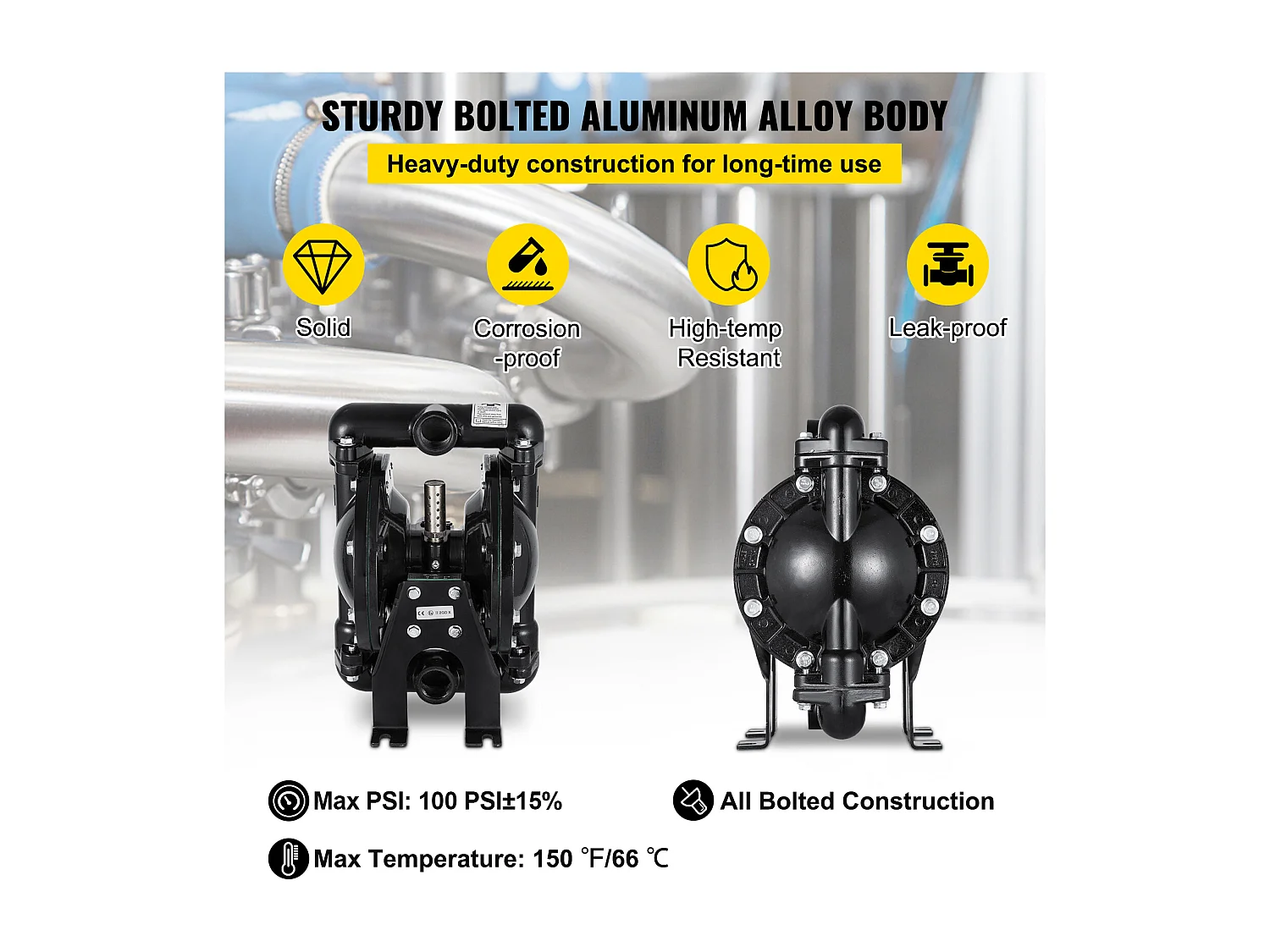 Pompe SucceBuy à Double Membrane Pneumatique, Entrée et Sortie de 1 Pouce, Aluminium, 35 GPM, Max. 120 PSI, QBY4-25LF46 pour Usage Industriel