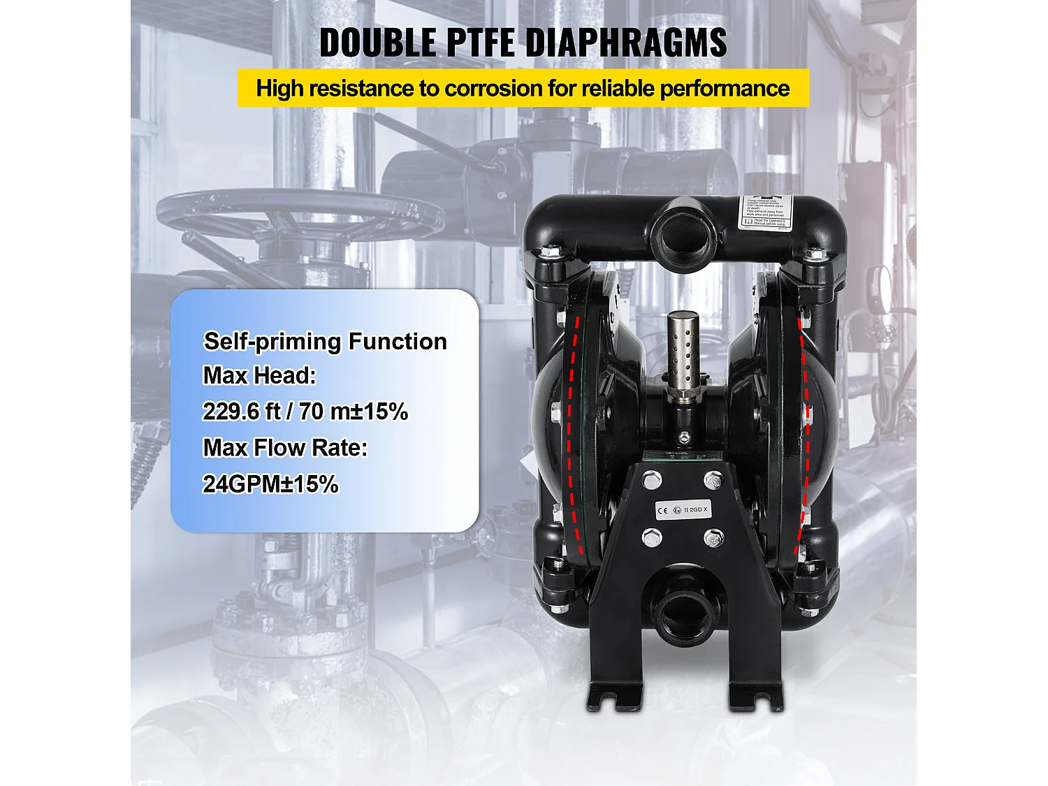 Pompe SucceBuy à Double Membrane Pneumatique, Entrée et Sortie de 1 Pouce, Aluminium, 35 GPM, Max. 120 PSI, QBY4-25LF46 pour Usage Industriel