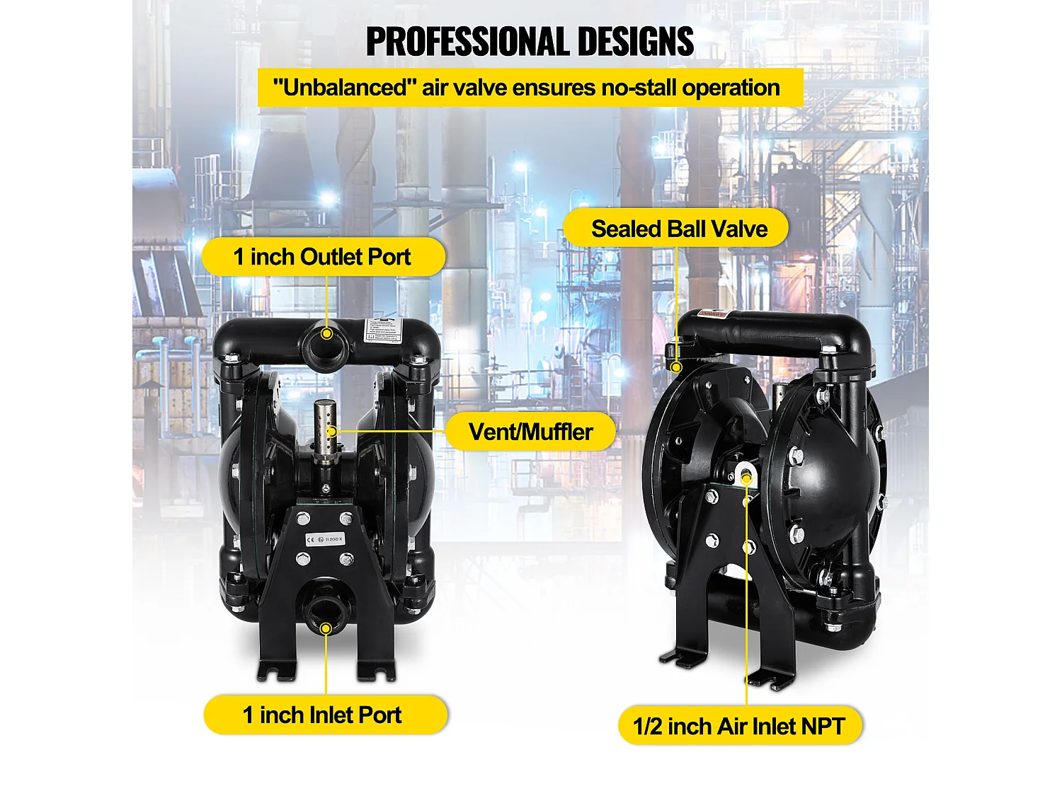 Pompe SucceBuy à Double Membrane Pneumatique, Entrée et Sortie de 1 Pouce, Aluminium, 35 GPM, Max. 120 PSI, QBY4-25LF46 pour Usage Industriel