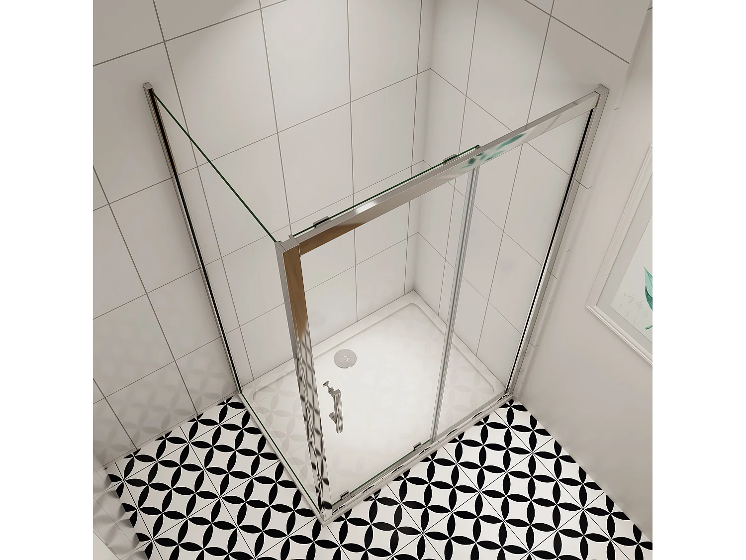 Douchecabine schuifdeur 120x90x195cm+zijpaneel (8mm transparant gehard glas), antikalk, glanzend chromen profiel.