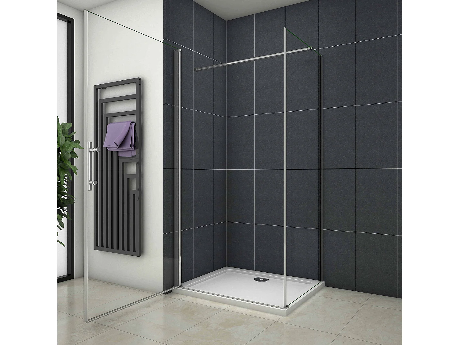 Douchecabine 80x76x195 cm,draaideur+zijwand , 6mm NANO EasyClean veiligheidsglas,chroom,90cm Stabilisatiestang