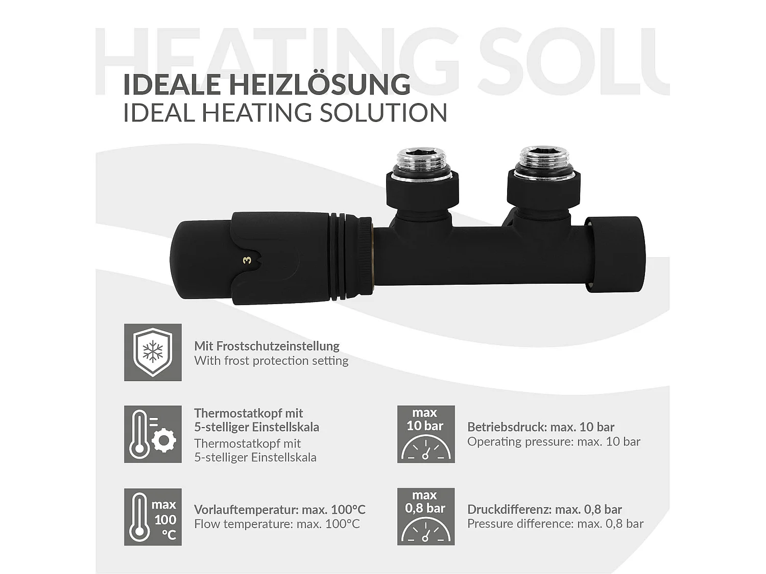 LuxeBath Juego griferia multiblock negro forma angular cabezal termostático para radiador baño conexión central, bloques grifos y válvula calefactor