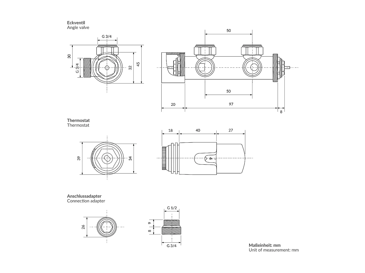 LuxeBath Juego griferia multiblock negro forma angular cabezal termostático para radiador baño conexión central, bloques grifos y válvula calefactor