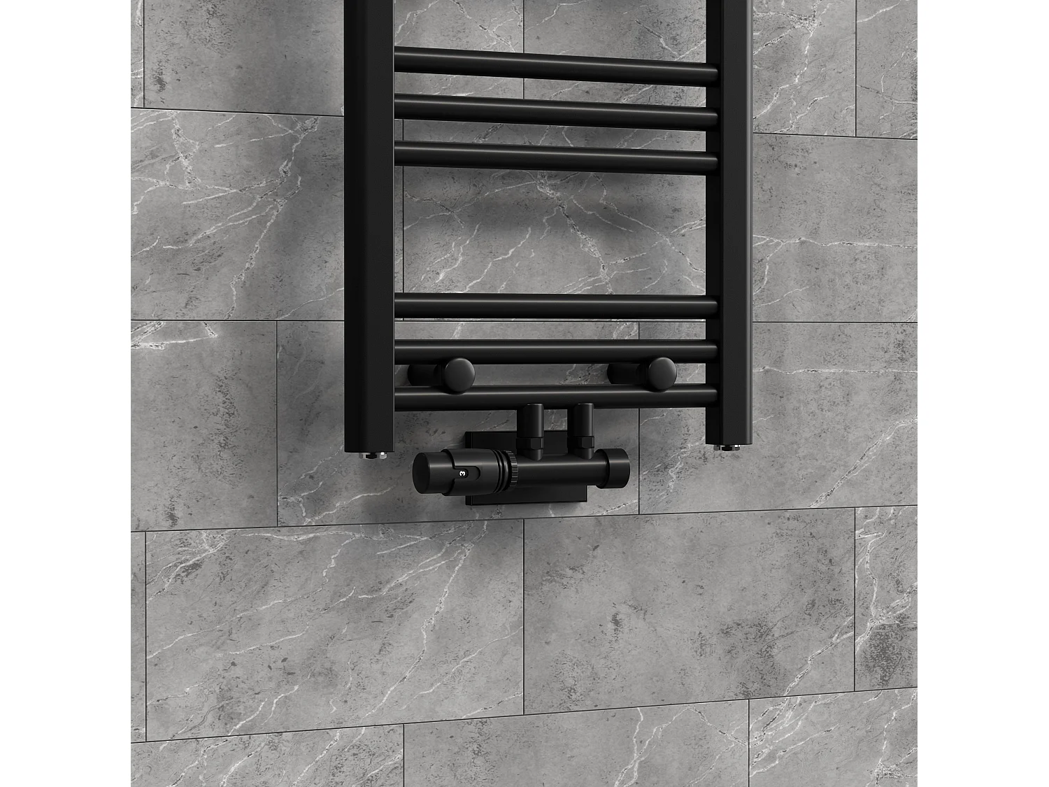 LuxeBath Juego griferia multiblock negro forma angular cabezal termostático para radiador baño conexión central, bloques grifos y válvula calefactor