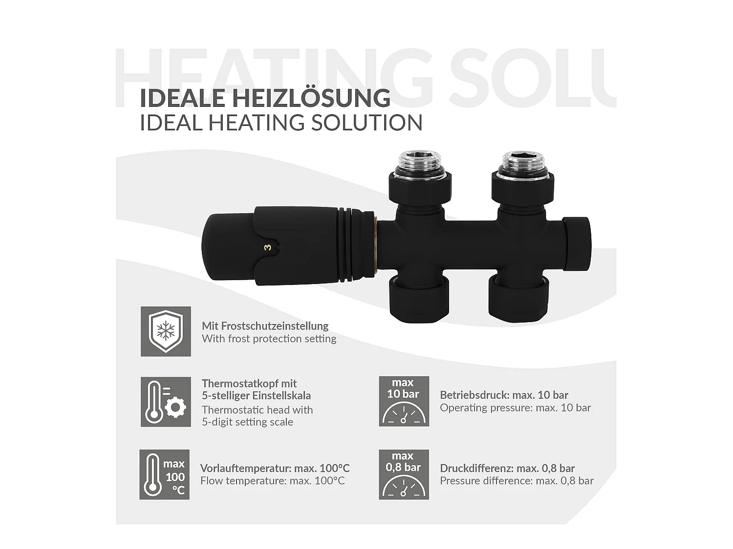 LuxeBath Juego griferia multiblock negro paso suelo cabezal termostático para radiador baño conexión central, bloques grifos y válvula calefactor