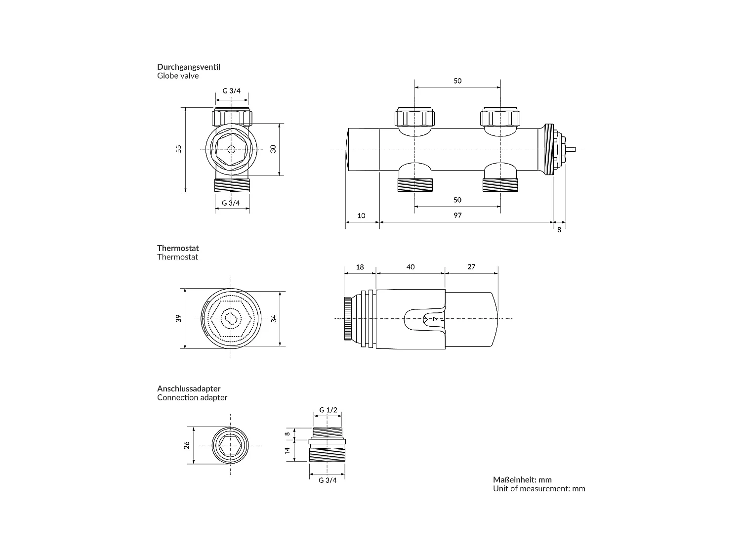 LuxeBath Juego griferia multiblock negro paso suelo cabezal termostático para radiador baño conexión central, bloques grifos y válvula calefactor
