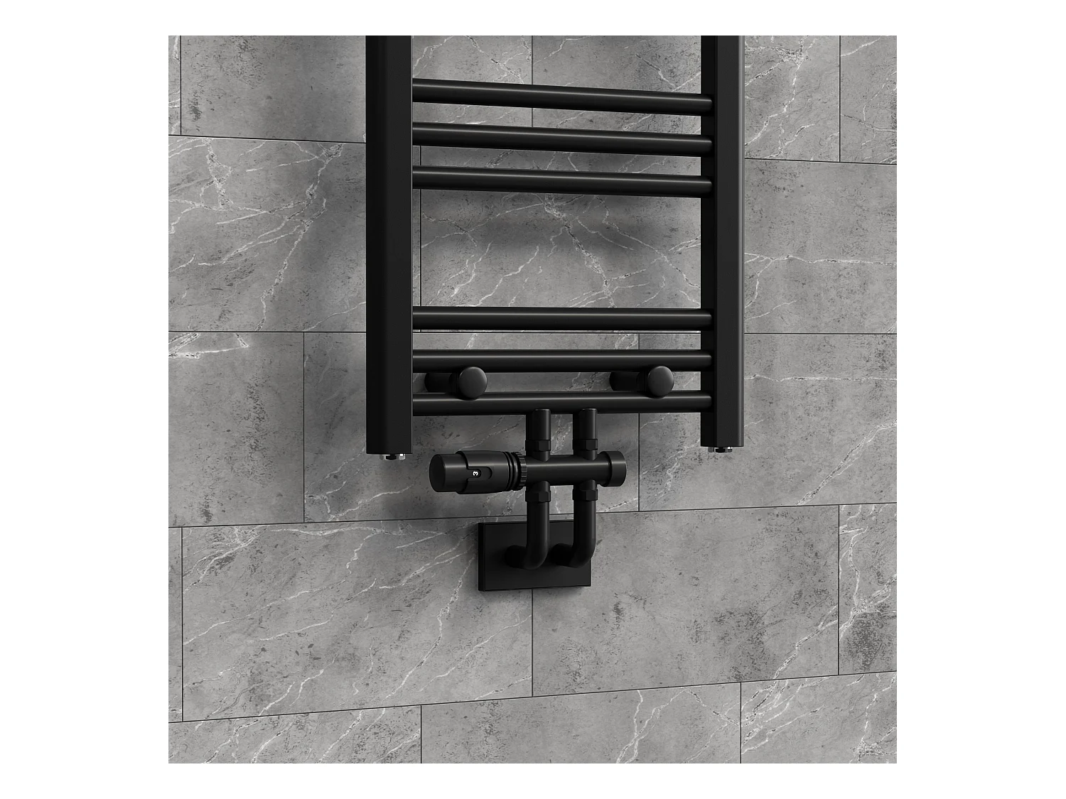 LuxeBath Juego griferia multiblock negro paso suelo cabezal termostático para radiador baño conexión central, bloques grifos y válvula calefactor