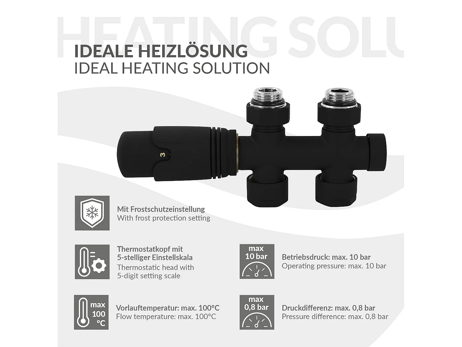 LuxeBath Juego griferia multiblock negro paso suelo cabezal termostático para radiador baño conexión central, bloques grifos y válvula calefactor