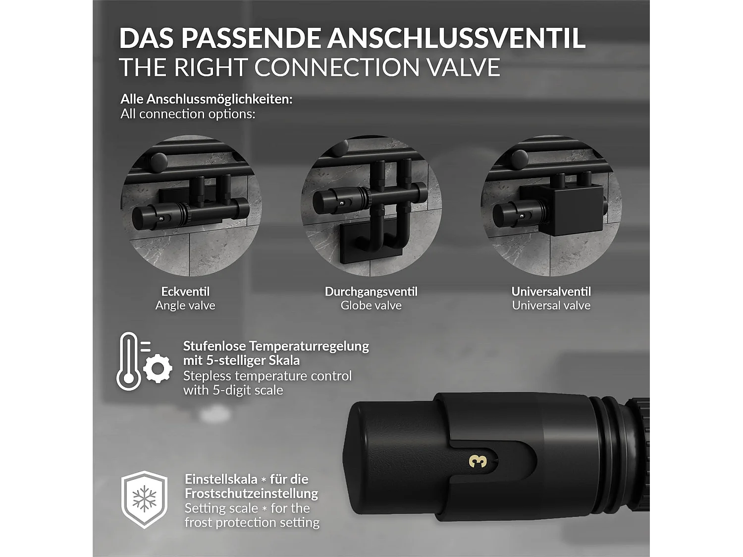 LuxeBath Juego griferia multiblock negro paso suelo cabezal termostático para radiador baño conexión central, bloques grifos y válvula calefactor