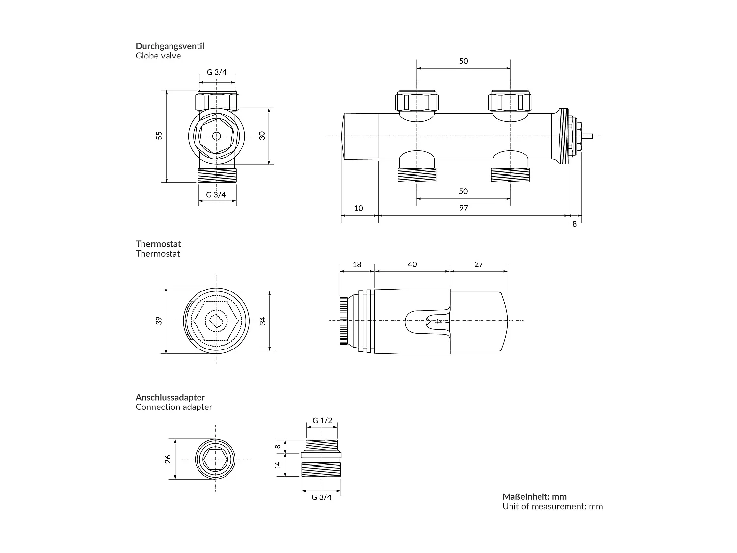 LuxeBath Juego griferia multiblock negro paso suelo cabezal termostático para radiador baño conexión central, bloques grifos y válvula calefactor