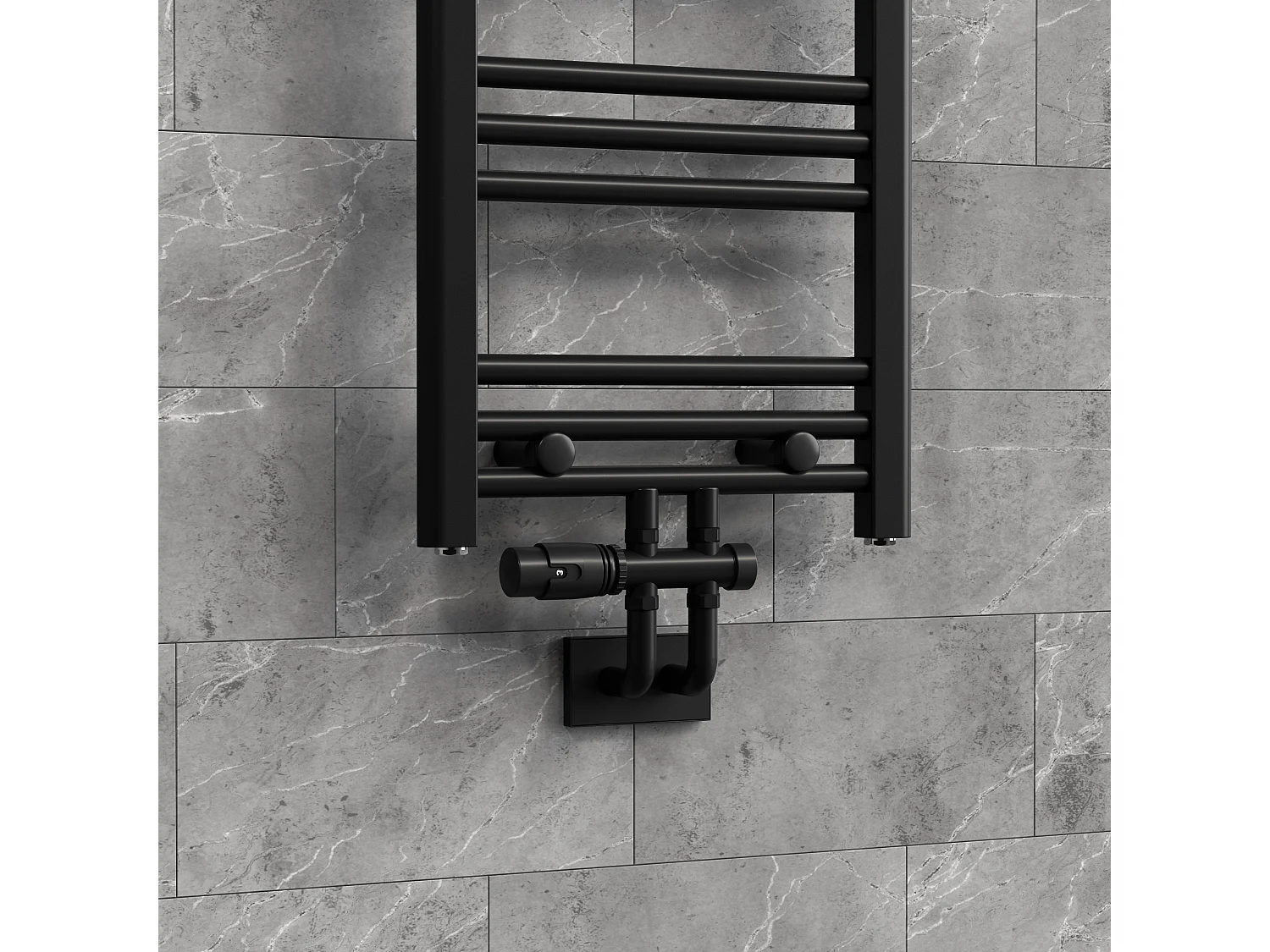 LuxeBath Juego griferia multiblock negro paso suelo cabezal termostático para radiador baño conexión central, bloques grifos y válvula calefactor