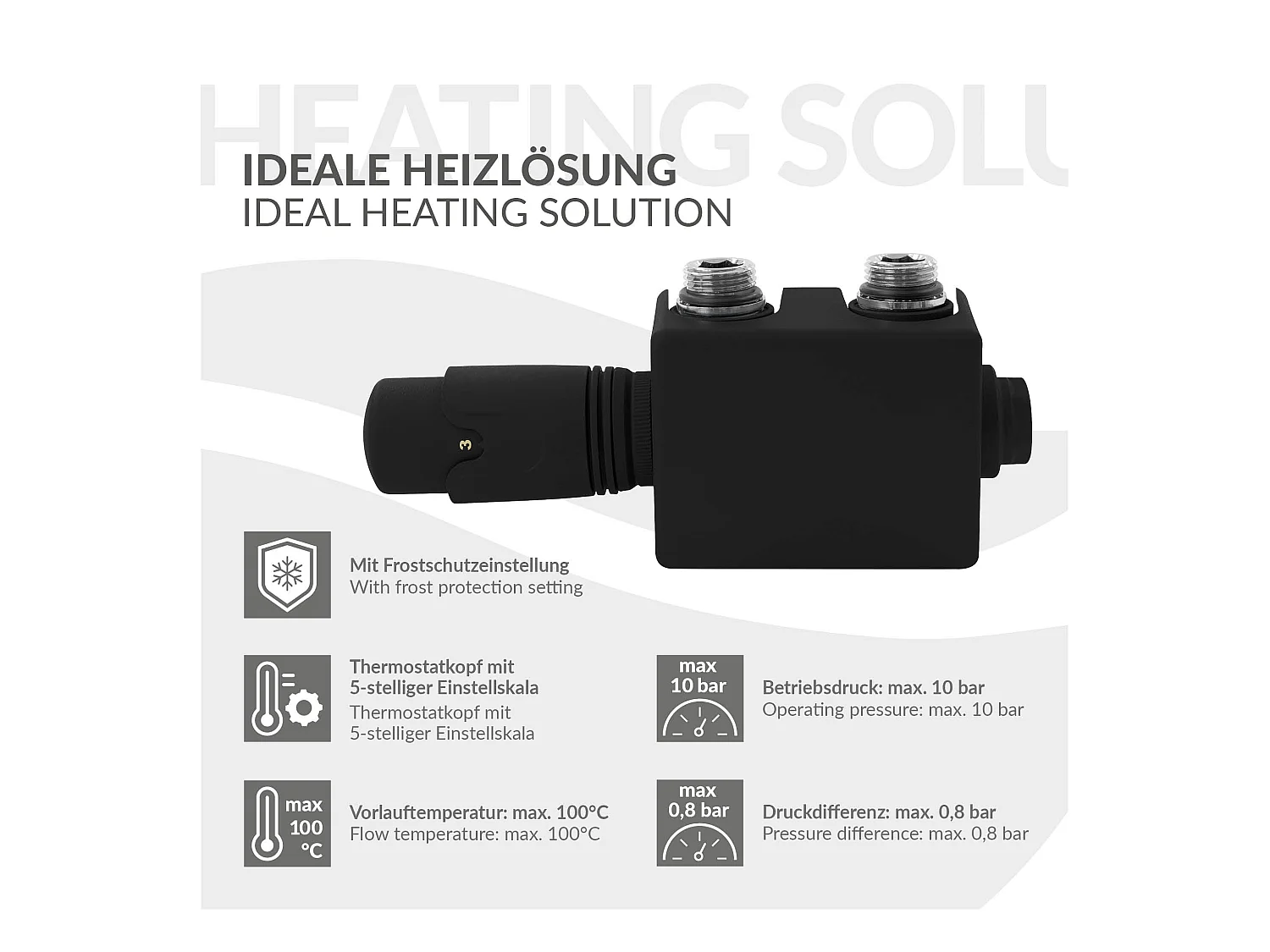 LuxeBath Set valvola termostatica per radiatore nera universale angolare e passante incl. termostato per termosifone da bagno raccordo per calorifero