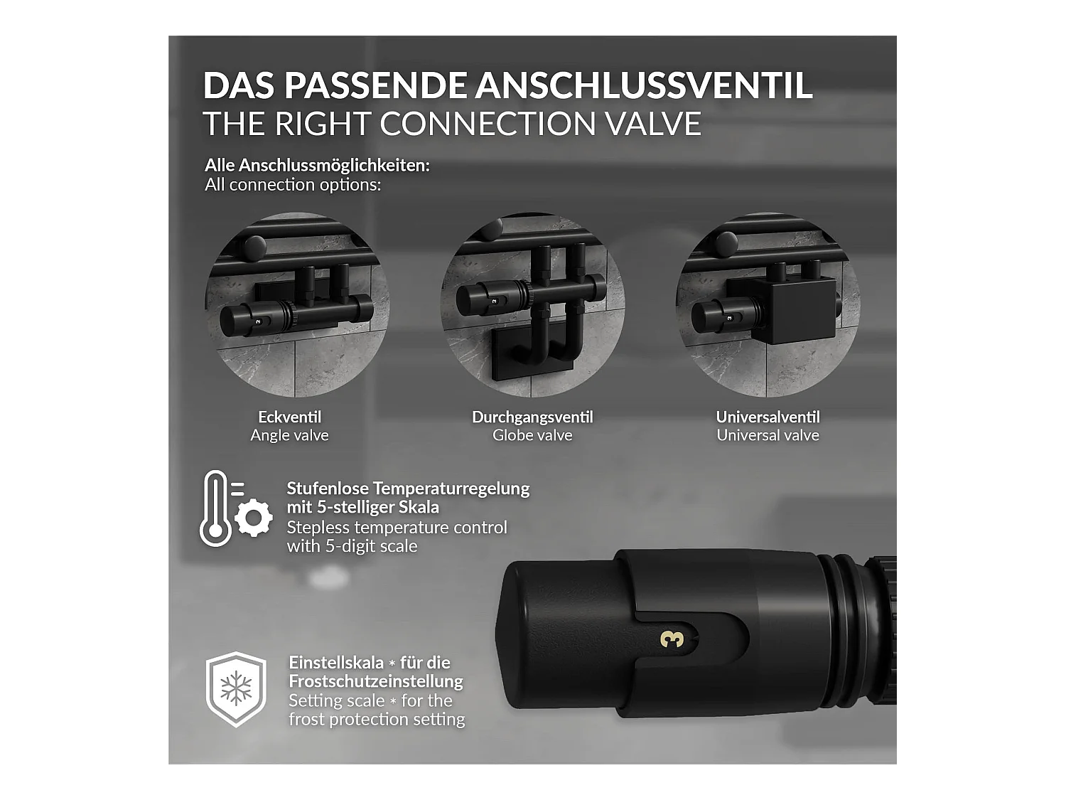 LuxeBath Set valvola termostatica per radiatore nera universale angolare e passante incl. termostato per termosifone da bagno raccordo per calorifero