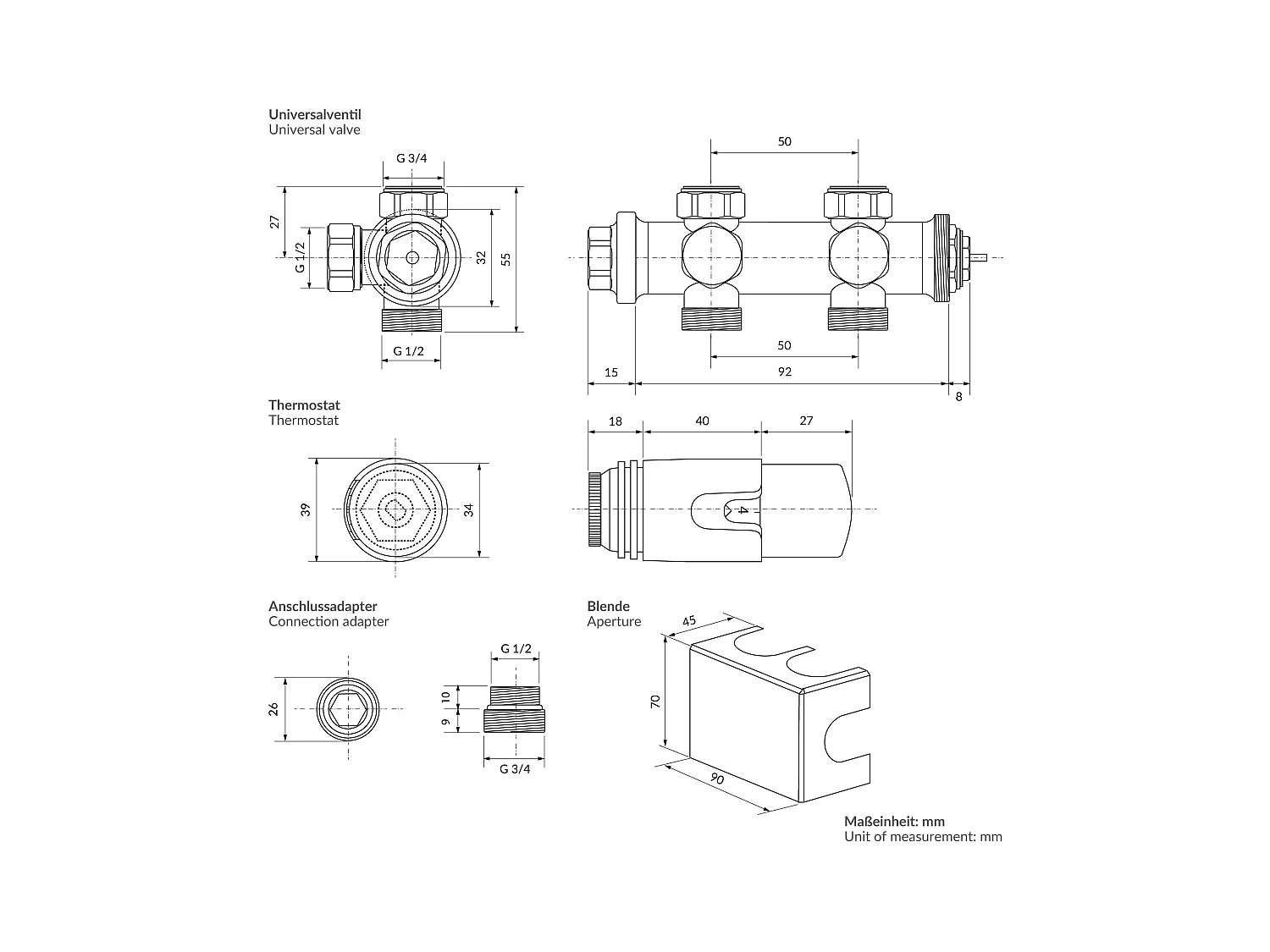 LuxeBath Set valvola termostatica per radiatore nera universale angolare e passante incl. termostato per termosifone da bagno raccordo per calorifero