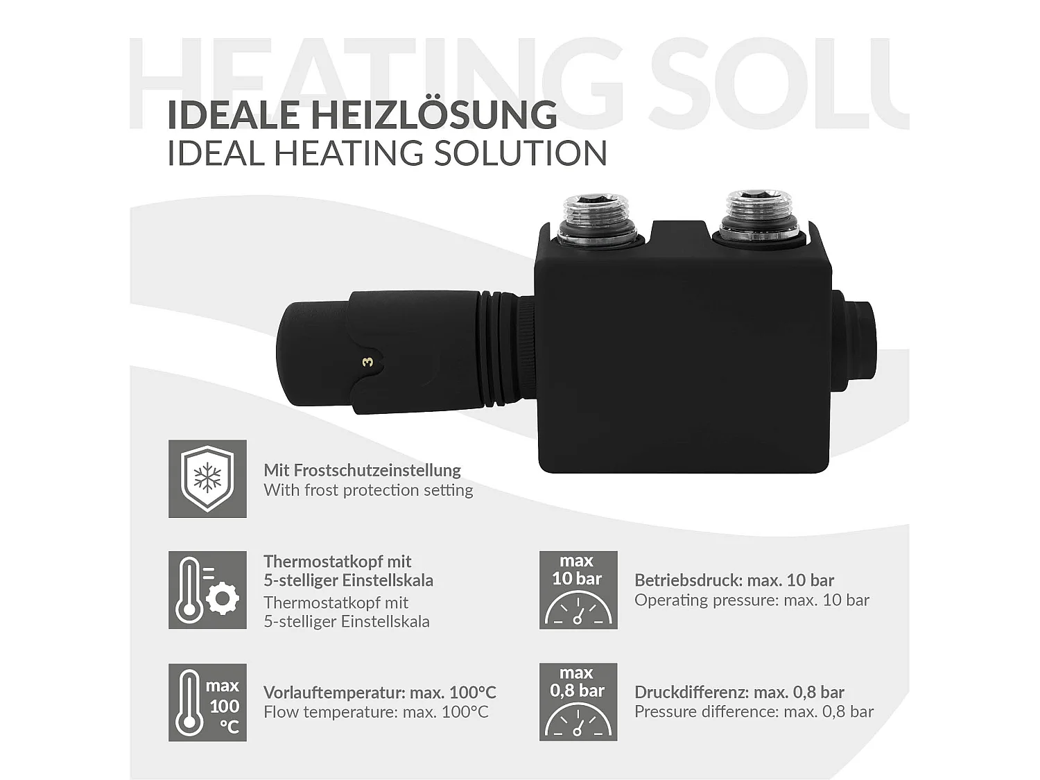 LuxeBath Juego griferia multiblock negro universal cabezal termostático para radiador baño conexión central, bloques grifos y válvula para calefactor